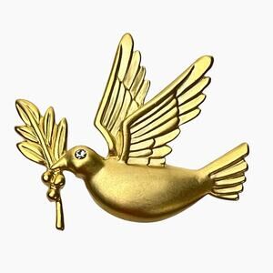 Brooch Peace Dove Carrying Olive Branch Matte Gold Tone Rhinestone 1.5 Inch Pin